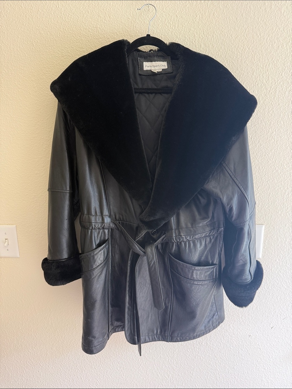 Black Leather Jacket with Faux Fur Collar by Paris Sport Club